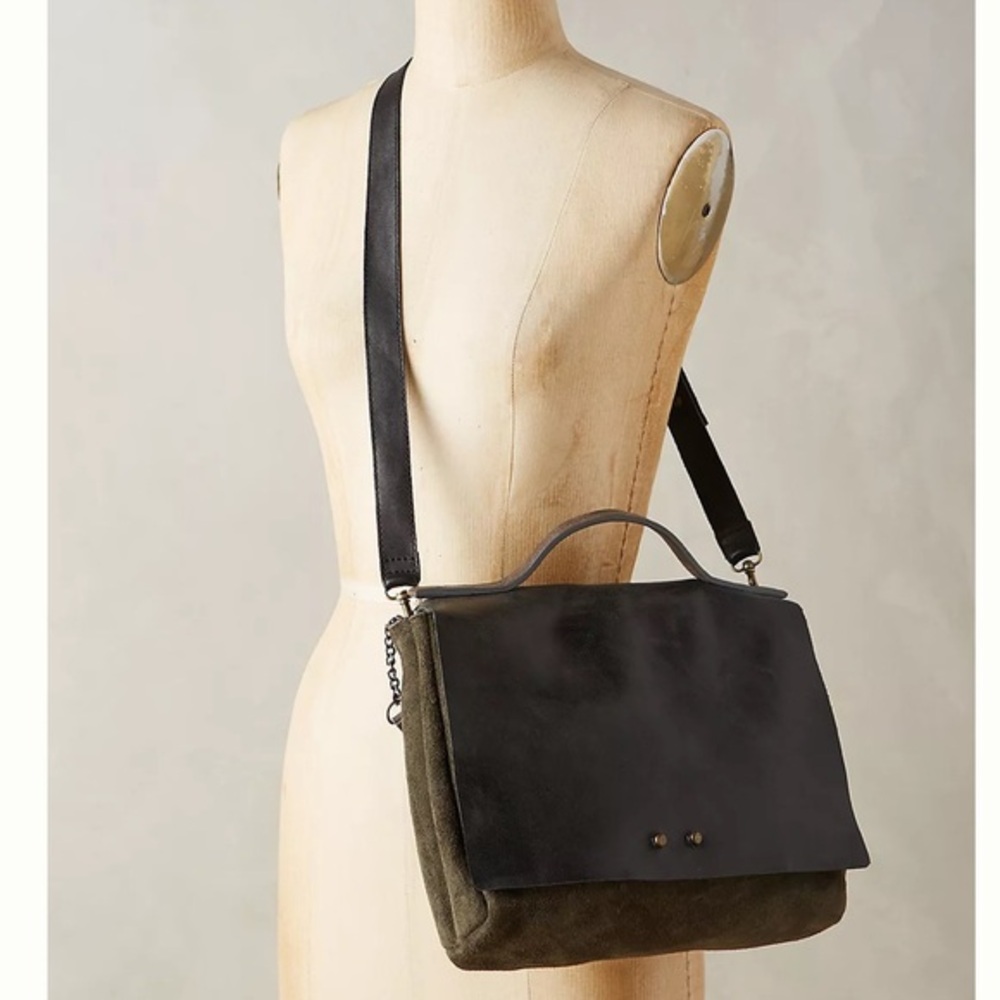 Anthropologie Ellyn Satchel Purse Crossbody Olive Green Leather & Suede bag Bag